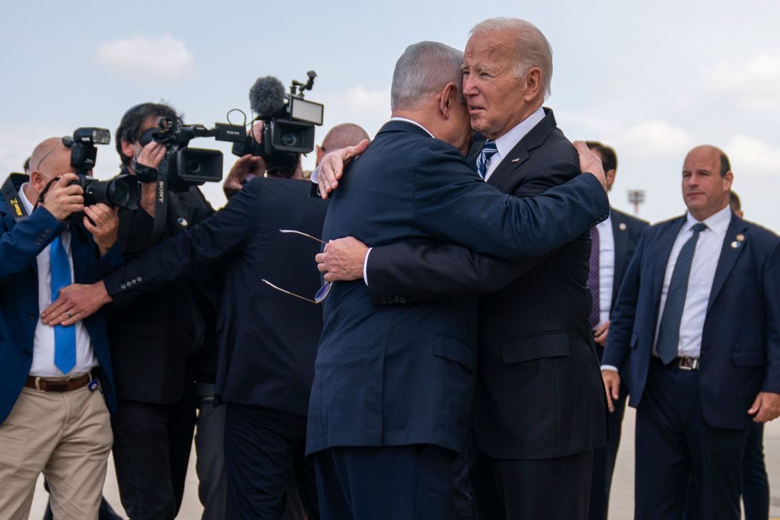 President Joe Biden greets Israeli Prime Minister Benjamin Netanyahu after arriving in Tel Aviv, Israel, on October 18, 2023.