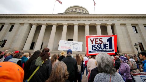 Supporters of Issue 1 attend a rally at the Ohio Statehouse in Columbus on October 8, 2023.