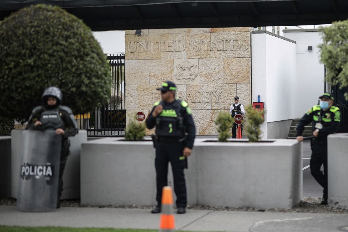 Police guard the US Embassy in Bogotá, Colombia, during pro-Palestinian protests in June.