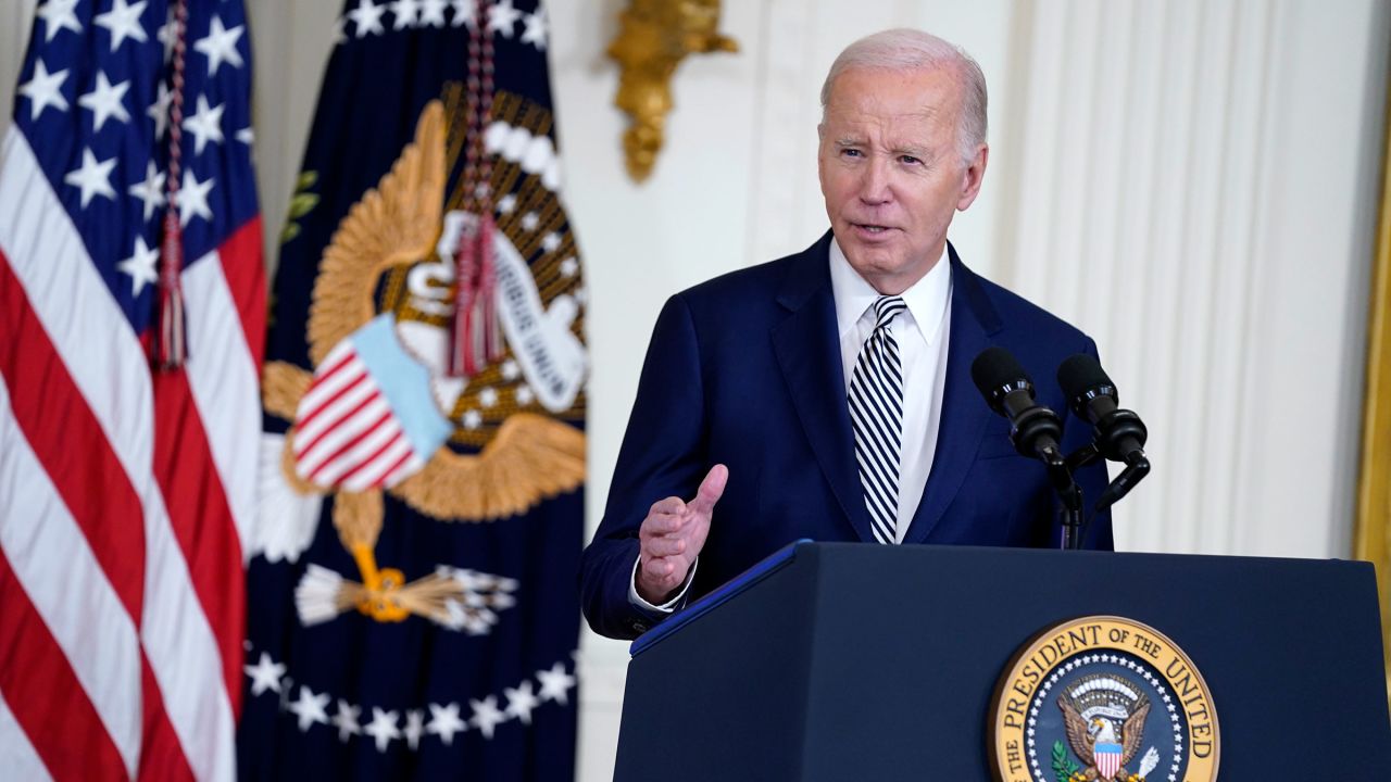 President Joe Biden delivers remarks about government regulations on artificial intelligence systems during an event in the East Room of the White House, on Monday.