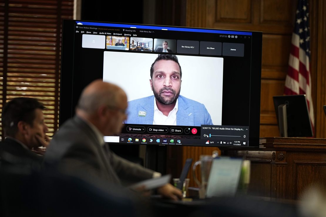 Kash Patel testifies remotely during a hearing for a lawsuit to keep Trump off the state ballot in Colorado in November 2023.