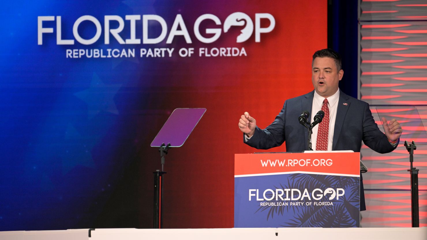 Then-Republican Party of Florida Chairman Christian Ziegler addresses attendees at the Republican Party of Florida Freedom Summit, Saturday, Nov. 4, 2023, in Kissimmee, Florida.