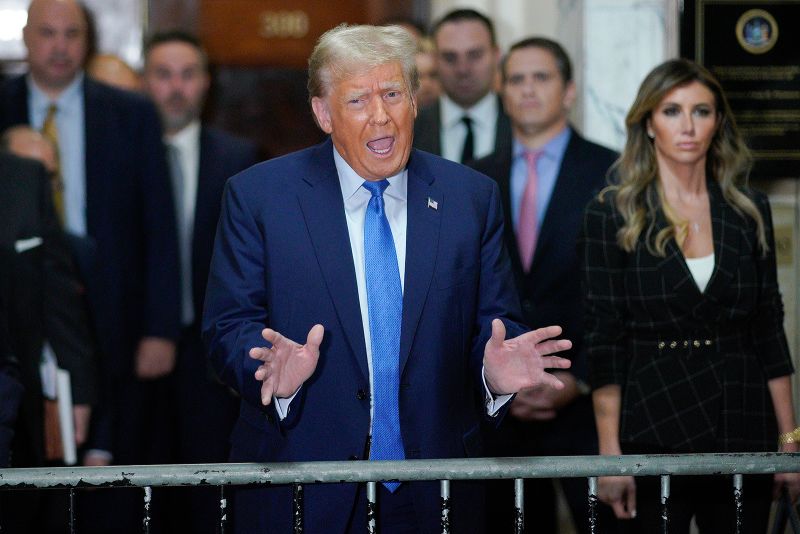 Former President Donald Trump speaks outside the courtroom after testifying at New York Supreme Court, Monday, November 6, 2023, in New York.