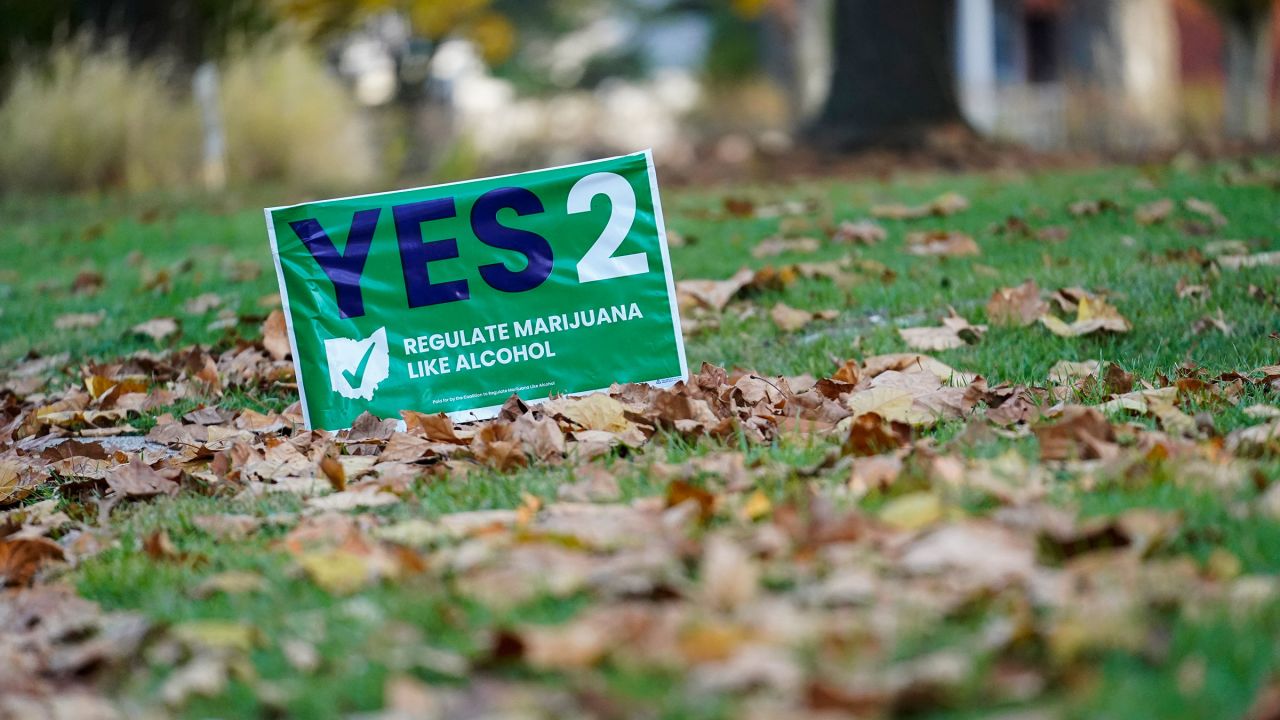A sign supporting Issue 2 sits in a residential yard on Election Day, Tuesday, Nov. 7, 2023, in Cincinnati. Ohio voters approved a measure to legalize recreational cannabis.