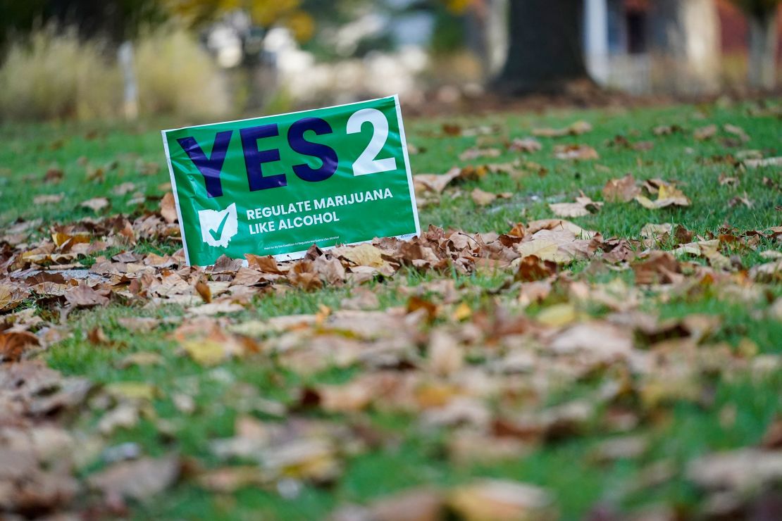 A sign supporting Issue 2 sits in a residential yard on Election Day, Tuesday, Nov. 7, 2023, in Cincinnati.