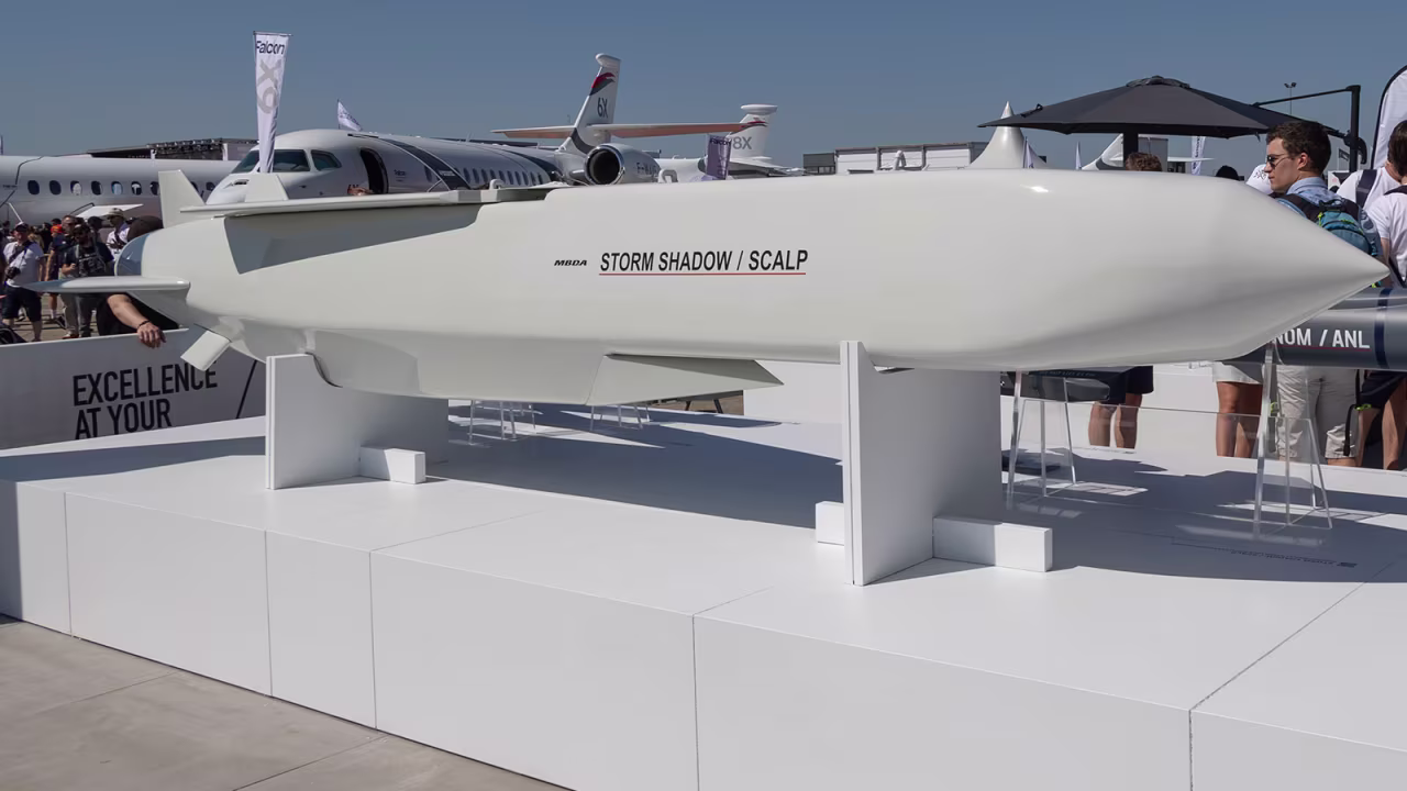 A SCALP EG/STORM SHADOW low-observable, long-range air-launched cruise missile, an air to surface weapon from the European manufacturer MBDA is seen on display at the company's booth at International Paris Air Show 2023 at the Le Bourget Airport.