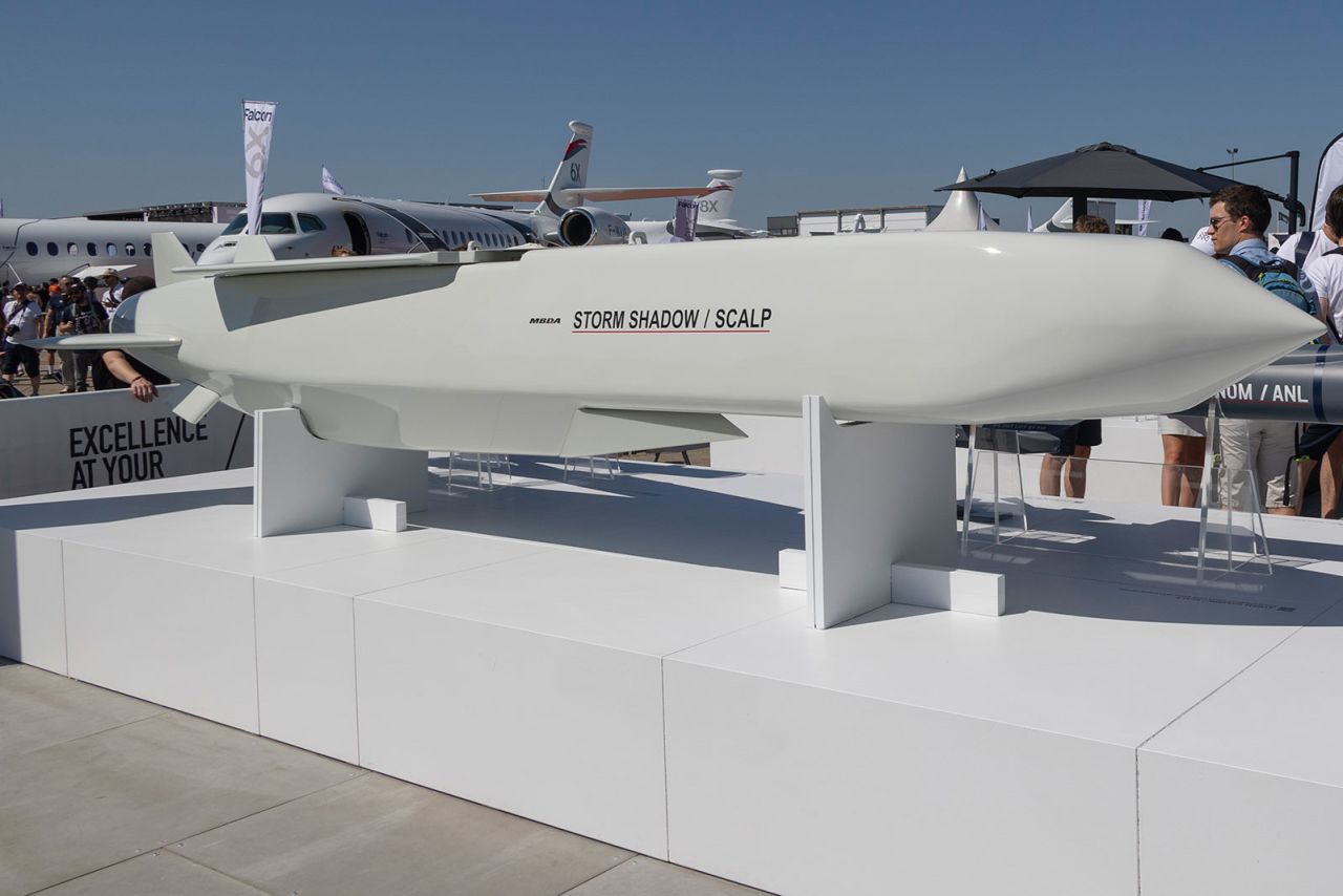 A SCALP EG/STORM SHADOW low-observable, long-range air-launched cruise missile, an air to surface weapon from the European manufacturer MBDA is seen on display at the company's booth at International Paris Air Show 2023 at the Le Bourget Airport.