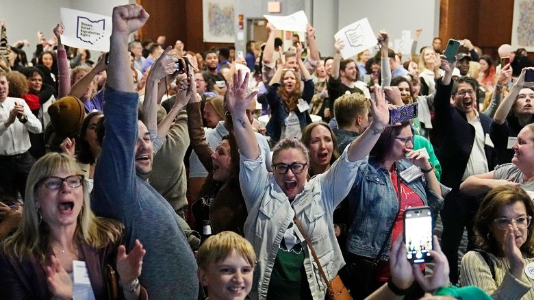 Issue 1 supporters cheer as they watch election results come in, Tuesday, Nov. 7, 2023, in Columbus Ohio.