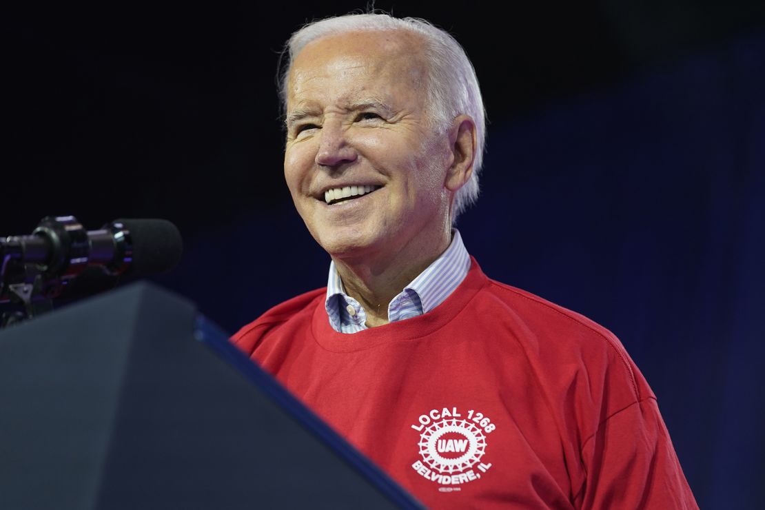 President Joe Biden speaks to the United Auto Workers union in Belvidere, Illinois, on Thursday.