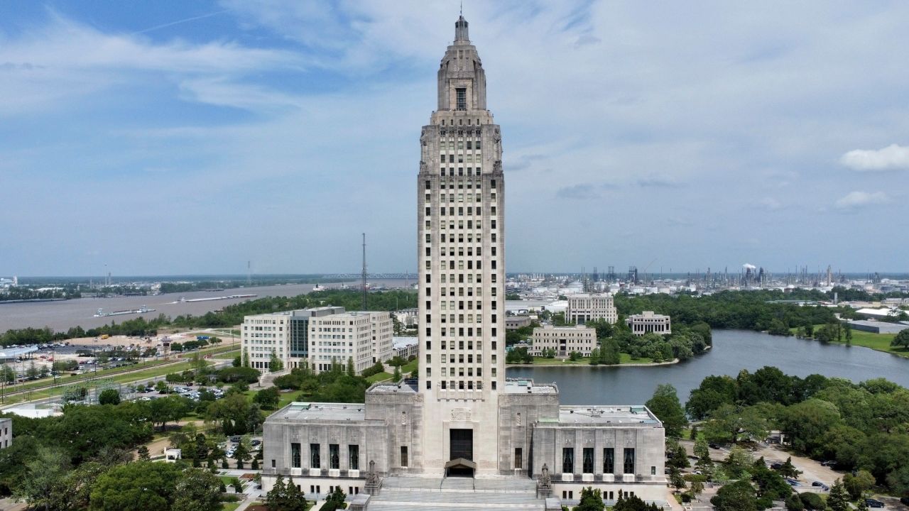 The Louisiana state Capitol stands prominently on April 4, 2023, in Baton Rouge, Louisiana.