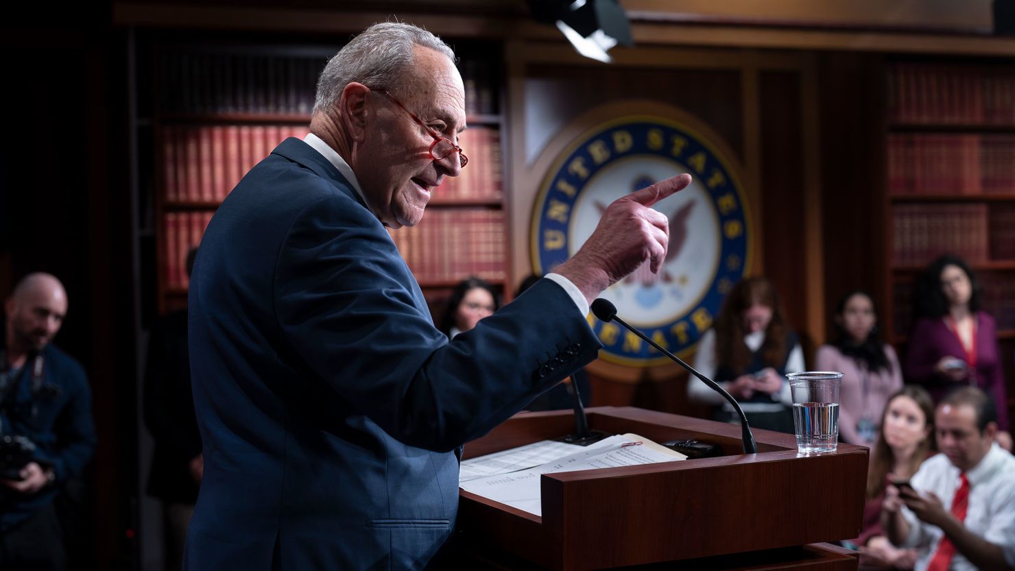 Senate Majority Leader Chuck Schumer meets with reporters before speaking to a massive rally in support of Israel, at the Capitol in Washington, DC, on Tuesday, November 14. 