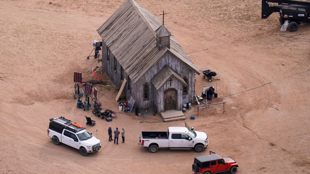 FILE - This aerial photo shows part of the Bonanza Creek Ranch film set in Santa Fe, N.M., Oct. 23, 2021. Prosecutors are preparing to present evidence to a grand jury against Alec Baldwin in the fatal 2021 shooting of a cinematographer on the set of the Western movie "Rust" in New Mexico. A grand jury did not take up the case Thursday, Nov. 16, 2023, and a decision on whether to revive criminal charges against Baldwin still could be weeks away.  (AP Photo/Jae C. Hong, File)