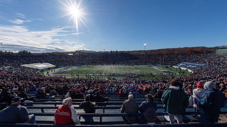 NEW HAVEN, CT - NOVEMBER 18: A wide angle view of the stadium during the game as the Harvard Crimson take on the Yale Bulldogs on November 18, 2023 at the Yale Bowl, Class of 1954 Field in New Haven, CT (Photo by Williams Paul/Icon Sportswire) (Icon Sportswire via AP Images)