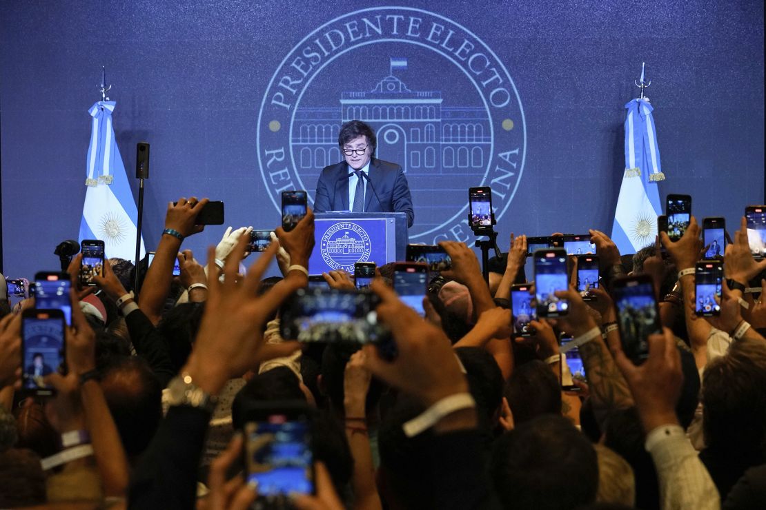 Javier Milei delivers a speech after his victory over Sergio Massa, economy minister and the presidential candidate of the ruling Peronist party.