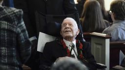 Former President Jimmy Carter greets people as he leaves after the funeral service for his wife, former first lady Rosalynn Carter, at Maranatha Baptist Church, Wednesday, Nov. 29, 2023, in Plains, Ga.