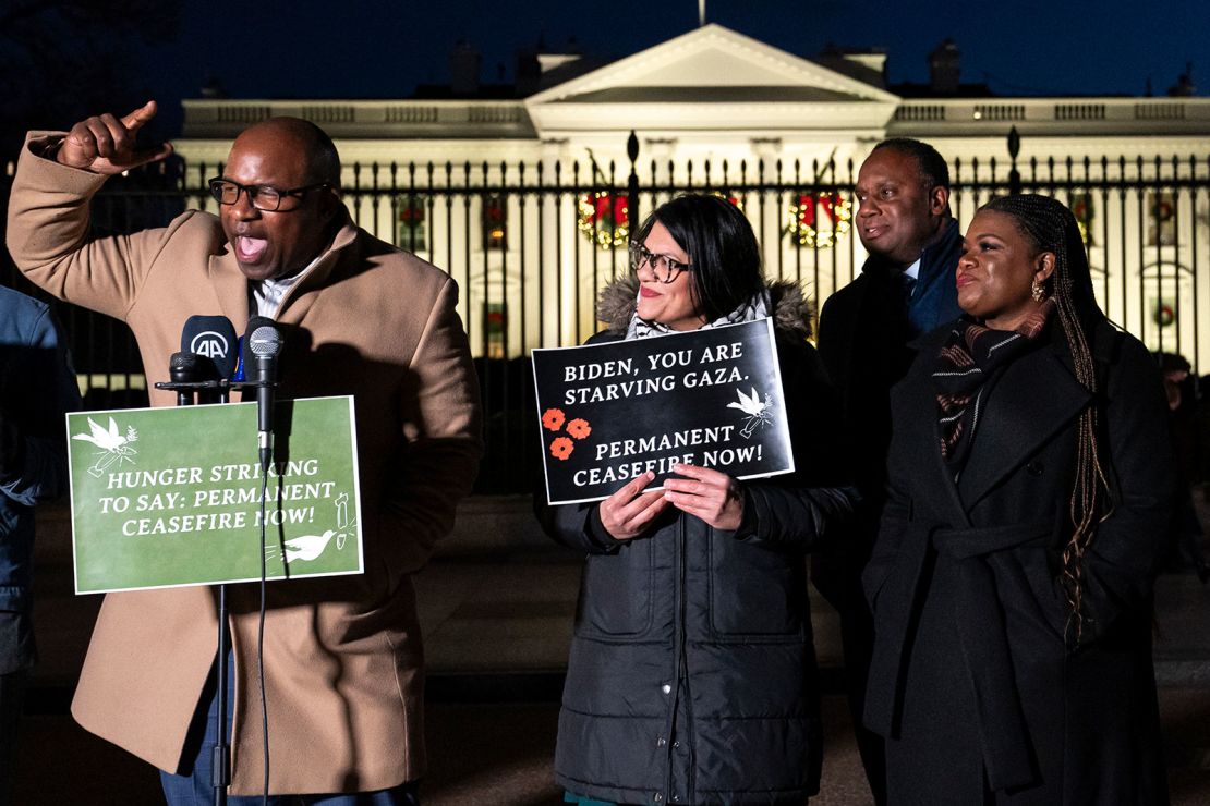 Rep. Jamaal Bowman, left, speaks alongside, Reps. Rashida Tlaib, Jonathan Jackson and Cori Bush during a vigil with state legislators and faith leaders outside the White House in November.
