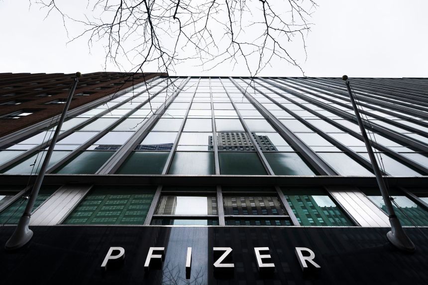 The Pfizer name is displayed at the company's headquarters in New York on February 5, 2021.