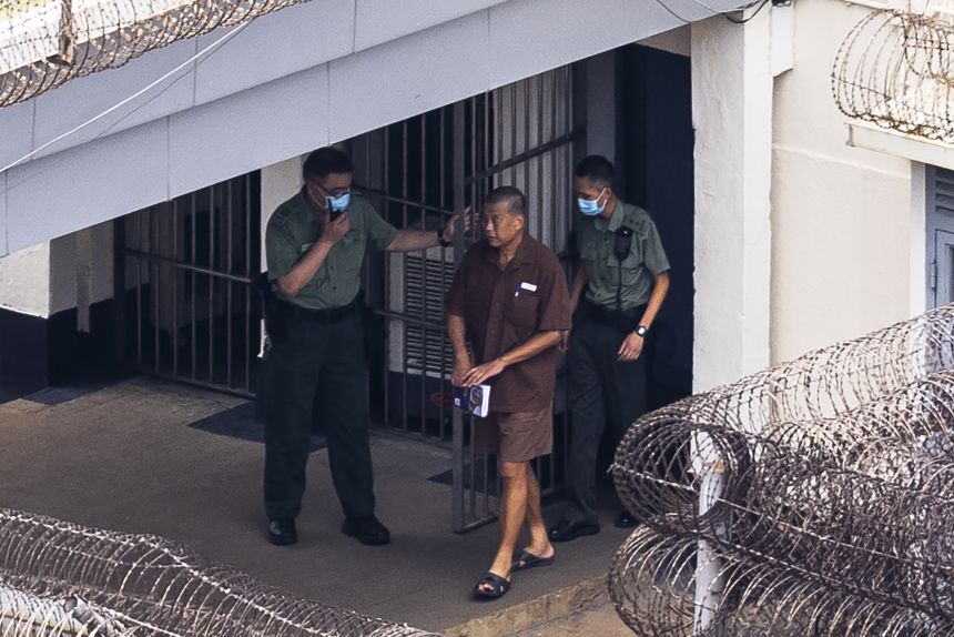 Jimmy Lai walks through the Stanley prison in Hong Kong on July 28, 2023.