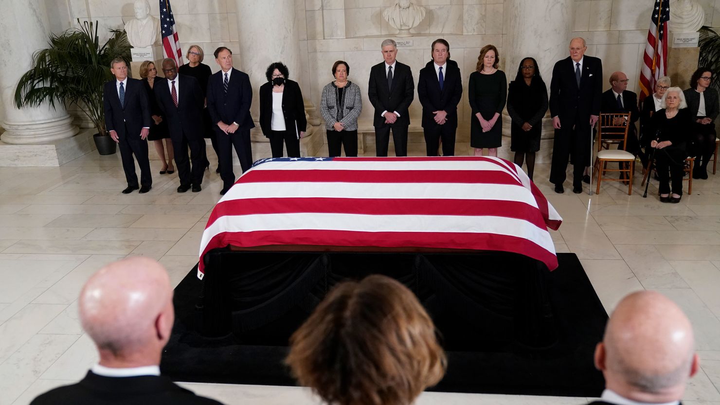 From left, Chief Justice of the United States John Roberts, Justice Clarence Thomas, Justice Samuel Alito, Justice Sonia Sotomayor Justice Elena Kagan, Justice Neil Gorsuch, Justice Brett Kavanaugh, Justice Amy Coney Barrett, Justice Ketanji Brown Jackson and retired Justice Anthony Kennedy, stand as the flag-draped casket of retired Supreme Court Justice Sandra Day O'Connor arrives at the Supreme Court in Washington, DC, on Monday, December 18. 
