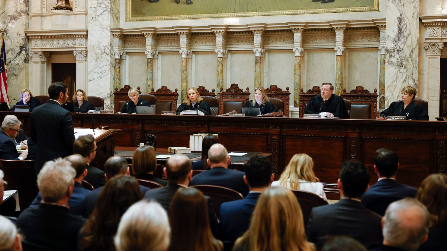 The Wisconsin Supreme Court listens to arguments during a redistricting hearing in November.