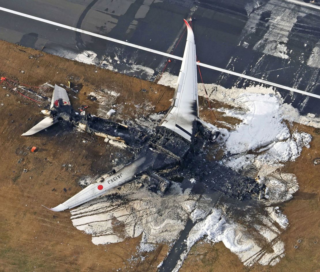 This aerial photo show the burn-out Japan Airlines plane at Haneda airport on January 3, 2024, in Tokyo, Japan.
