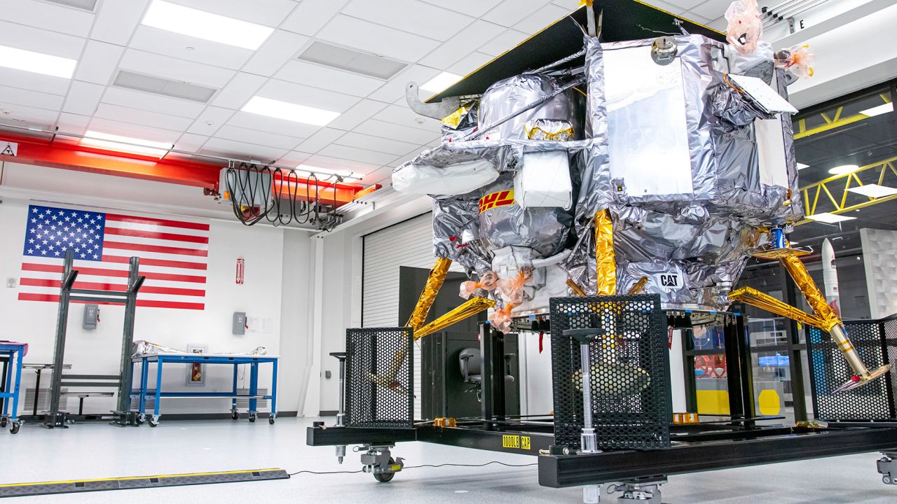 This photo provided by Astrobotic Technology shows the Peregrine lunar lander at the company's facility in Pittsburgh in October 2023. The expected launch date is Monday, Jan. 8, 2024. (Jordan K Reynolds/Astrobotic Technology via AP)