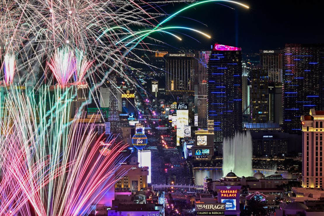 Fireworks explode over the Las Vegas Strip during celebrations on January 1, 2024.