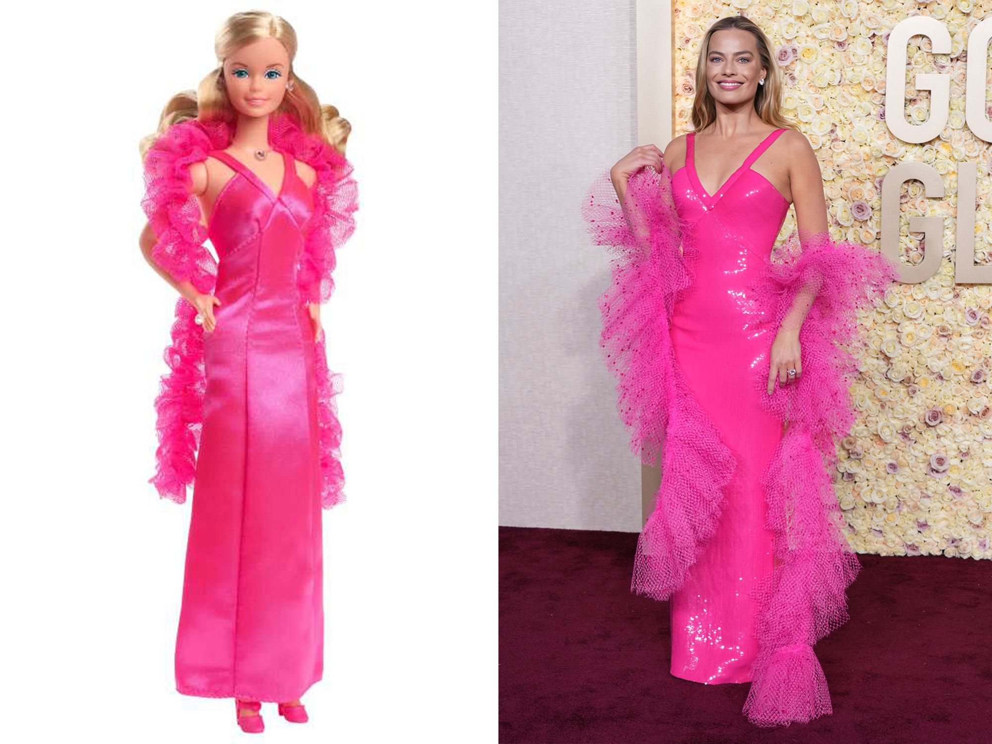 Seeing double: Mattel's "Superstar Barbie" and actress Margot Robbie at the Golden Globes.