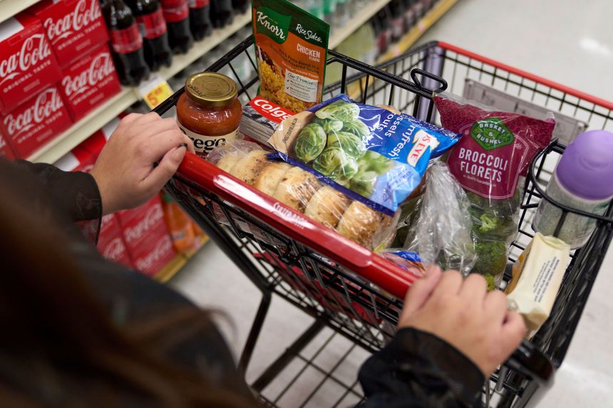 A food shopper pushes a cart of groceries at a supermarket in Bellflower, California, in February 2023.
