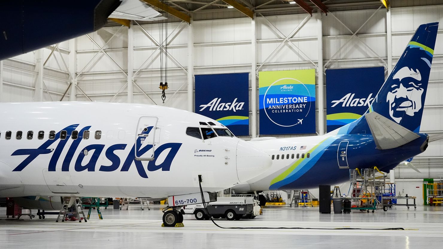 Alaska Airlines aircraft sit in the airline's hangar at Seattle-Tacoma International Airport Wednesday, Jan. 10, 2024, in SeaTac, Wash.