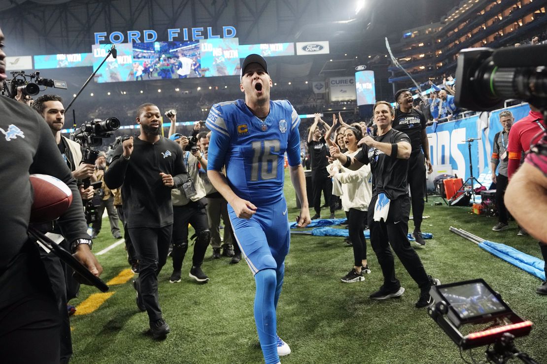 Detroit Lions quarterback Jared Goff walks off the field after an NFL wild-card playoff football game against the Los Angeles Rams, Sunday, Jan. 14, 2024, in Detroit.