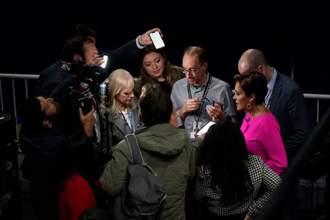 Kari Lake speaks to reporters before Republican presidential candidate former President Donald Trump speaks at a caucus night party in Des Moines, Iowa, on Monday.