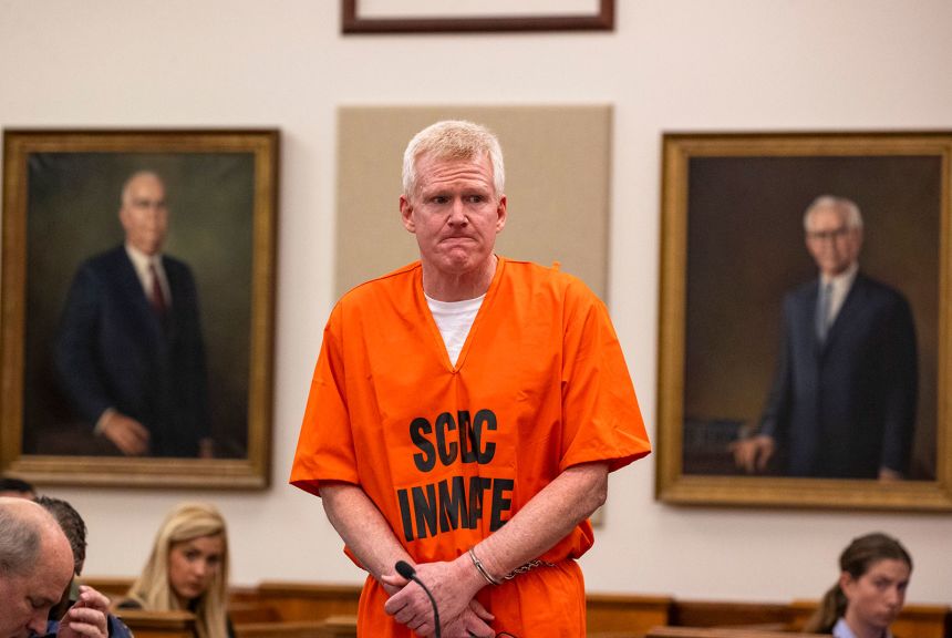 Alex Murdaugh reacts as he addresses the court during his sentencing for stealing from 18 clients, on November 28, 2023, at the Beaufort County Courthouse in Beaufort, South Carolina.