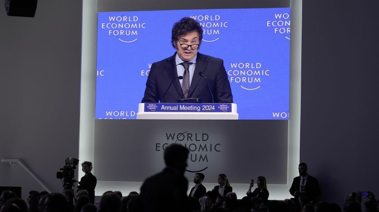 President of Argentina Javier Milei delivering a speech at the World Economic Forum in Davos, Switzerland on January 17, 2024.