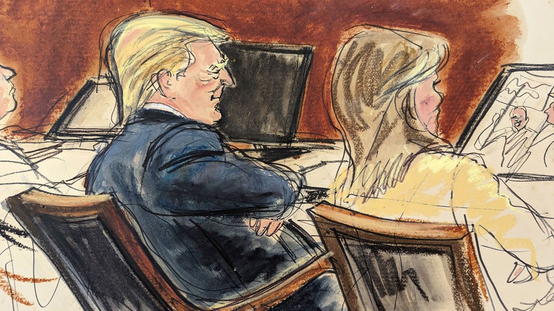 En este boceto de la sala del tribunal, Donald Trump está sentado con los brazos cruzados junto a su abogada, Alina Habba, en el Tribunal Federal de Nueva York, el miércoles 17 de enero de 2024.
