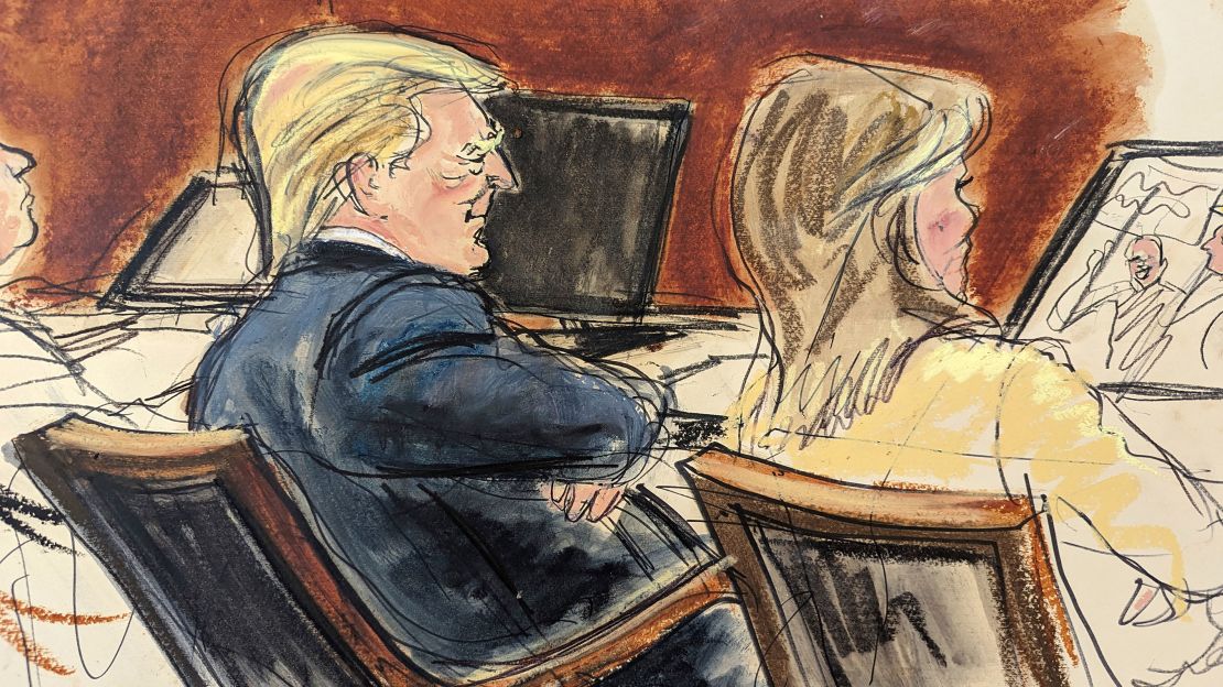 Neste esboço do tribunal, Donald Trump está sentado com os braços cruzados ao lado de sua advogada, Alina Habba, no Tribunal Federal, em Nova York, quarta-feira, 17 de janeiro de 2024.