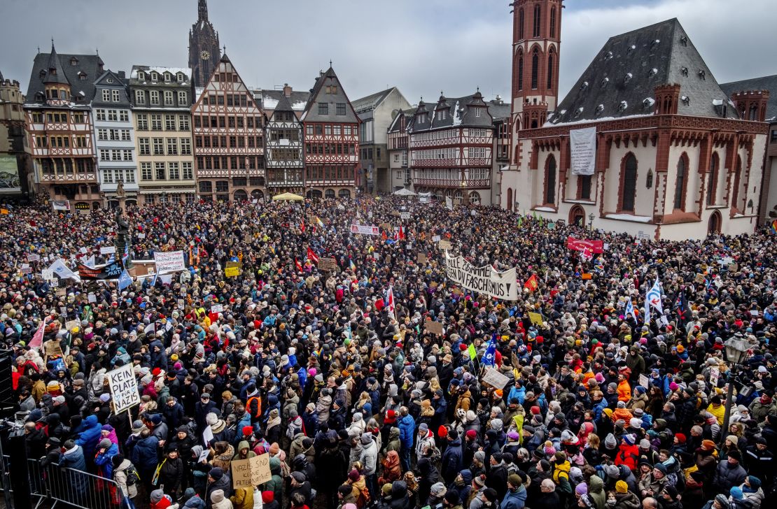 People protest against the AfD party and right-wing extremism in Frankfurt on January 20, 2024.