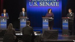 From left, US Reps. Barbara Lee, Adam Schiff and Katie Porter and former baseball player Steve Garvey take part in a Senate debate in Los Angeles on January 22, 2024.