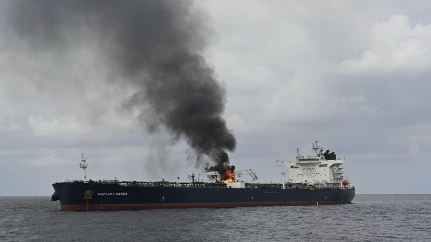 The oil tanker Marlin Luanda catches fire after an attack in the Gulf of Aden, the waterway leading into the Red Sea, on January 27, 2024.