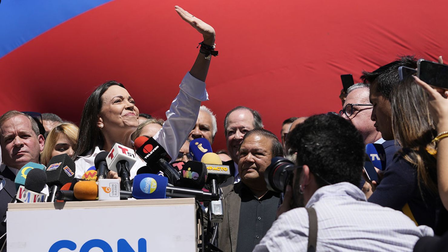 Opposition coalition presidential hopeful Maria Corina Machado gives a press conference outside her campaign headquarters in Caracas, Venezuela, Monday, Jan. 29, 2024.
