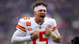 Kansas City Chiefs' Patrick Mahomes reacts before an AFC Championship NFL football game against the Baltimore Ravens, Sunday, Jan. 28, 2024, in Baltimore. (AP Photo/Matt Slocum)