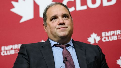 CONCACAF president and FIFA vice president Victor Montagliani speaks in Toronto Thursday, Feb. 1, 2024. (Christopher Katsarov/The Canadian Press via AP)