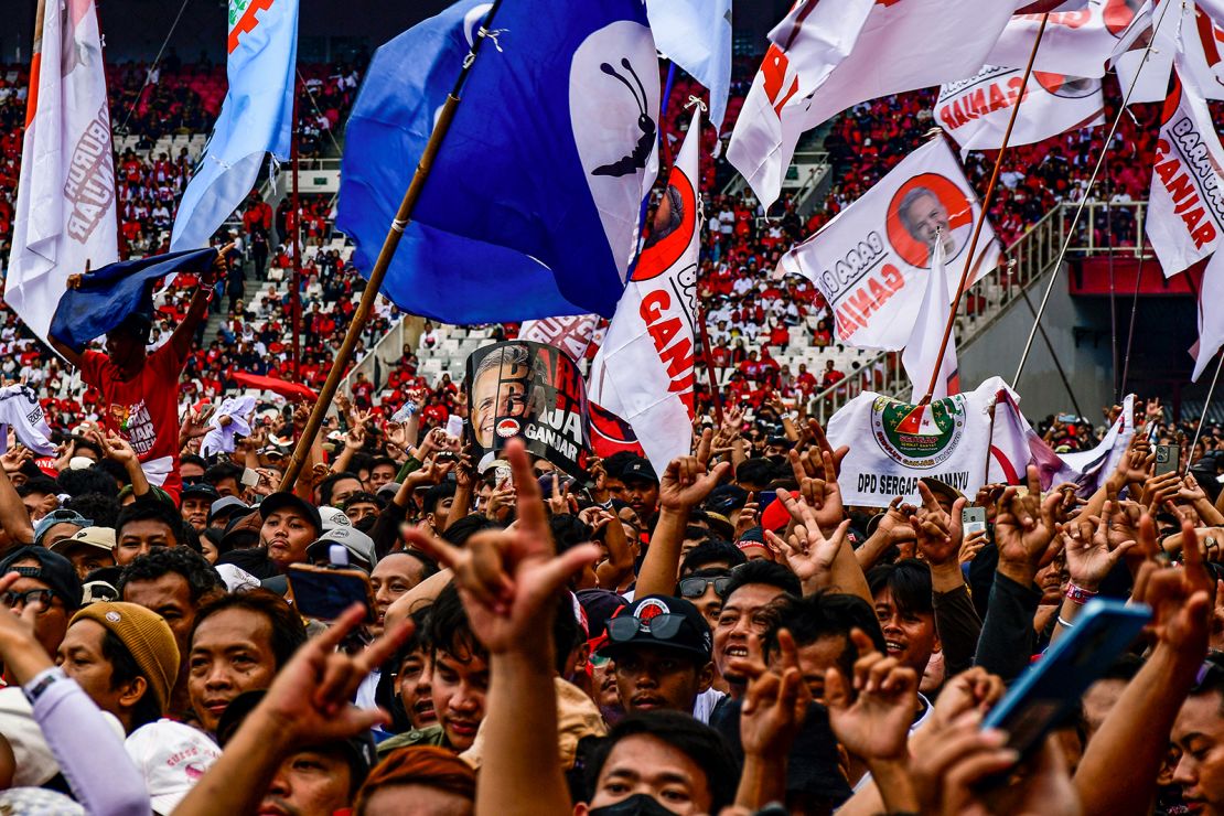 Supporters of presidential candidate Ganjar Pranowo at a rally in Jakarta on February 3, 2024.