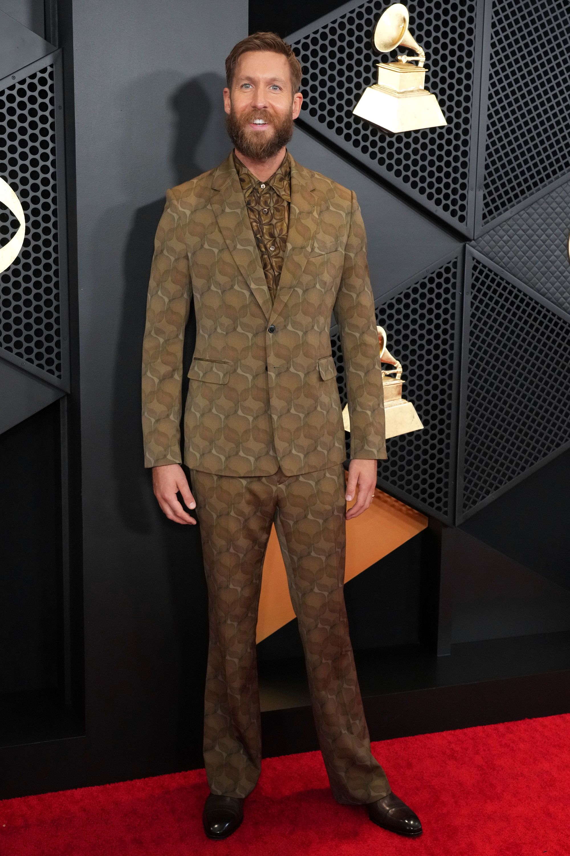 Calvin Harris, nominated for his song “Miracle” looked dapper in a patterned suit.