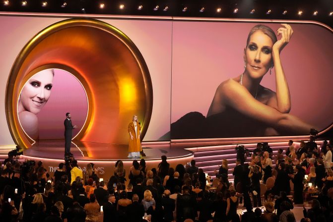 Celine Dion, <a href="https://www.cnn.com/2024/01/30/entertainment/celine-dion-new-doc-stiff-person/index.html">whose performing career remains on hold</a> as she lives with stiff person syndrome, a rare neurological disorder, presents the Grammy for album of the year. “When I say that I’m happy to be here, I really mean it from my heart,” <a href="https://www.cnn.com/2024/02/04/entertainment/celine-dion-surprise-grammys-presenter/index.html">Dion said after she took to the stage to roaring applause</a>.