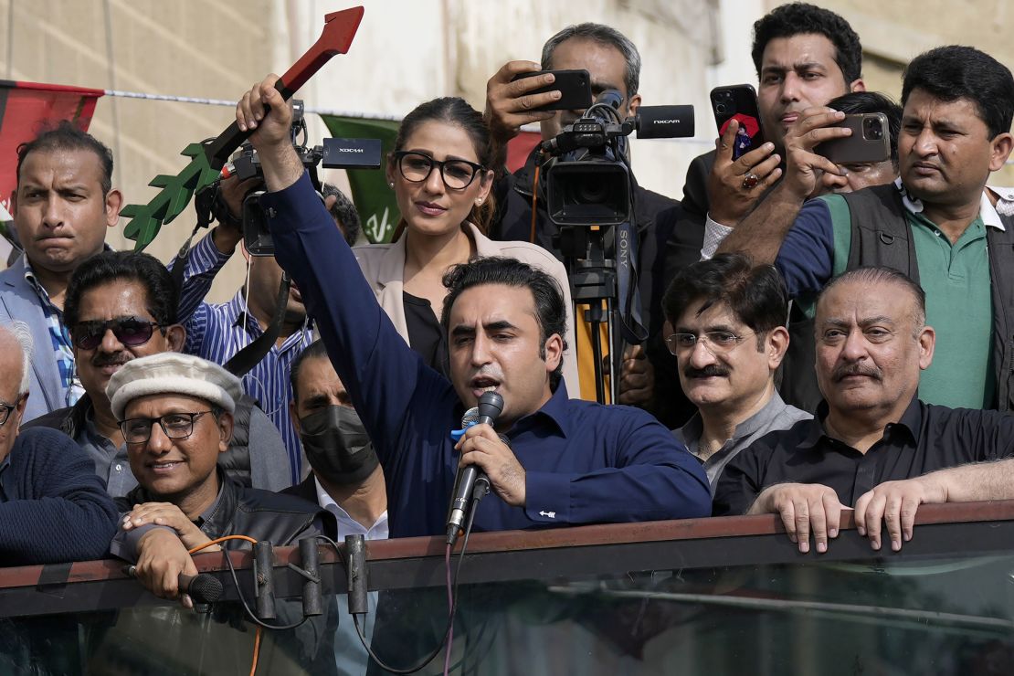 Bilawal Bhutto Zardari, center, during an election campaign rally in Karachi on February 5, 2024.