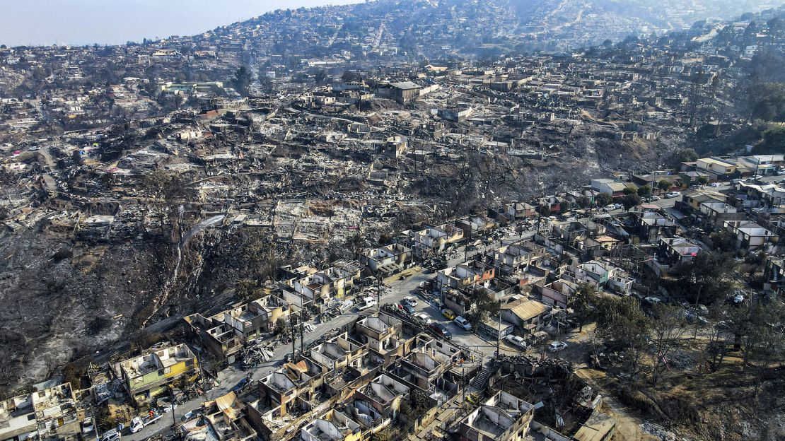 A view of neighborhoods burned during forest fires in Viña del Mar, Chile, on February 5, 2024. Areas around Vińa del Mar were among the hardest-hit by the country's deadly wildfires.