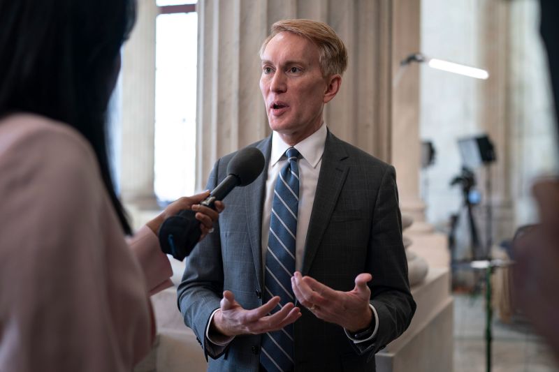 Sen. James Lankford does a TV news interview on Capitol Hill at the Capitol in Washington, DC, on Monday, February 5.