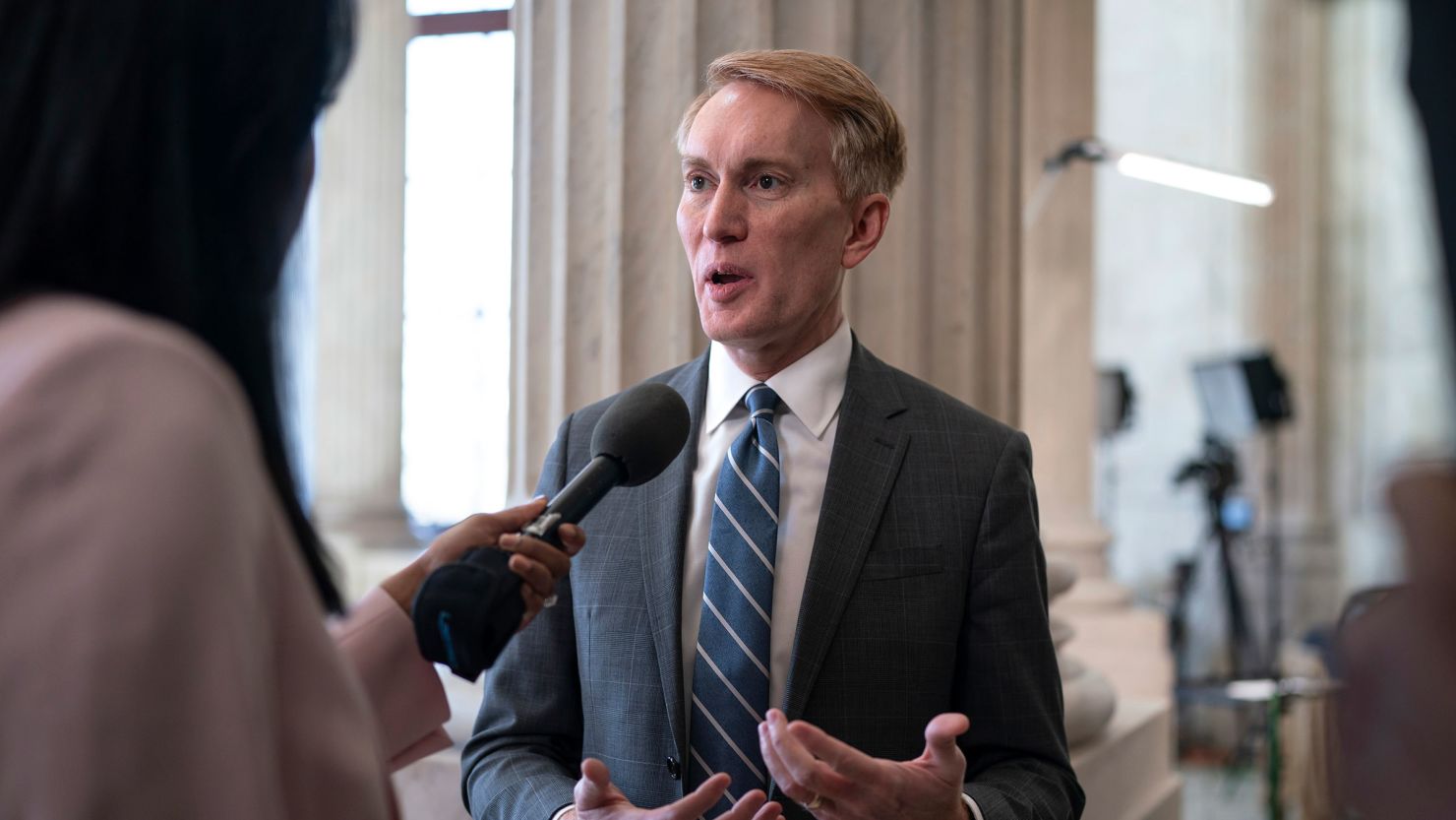 Sen. James Lankford does a TV news interview on Capitol Hill at the Capitol in Washington, DC, on Monday, February 5. 