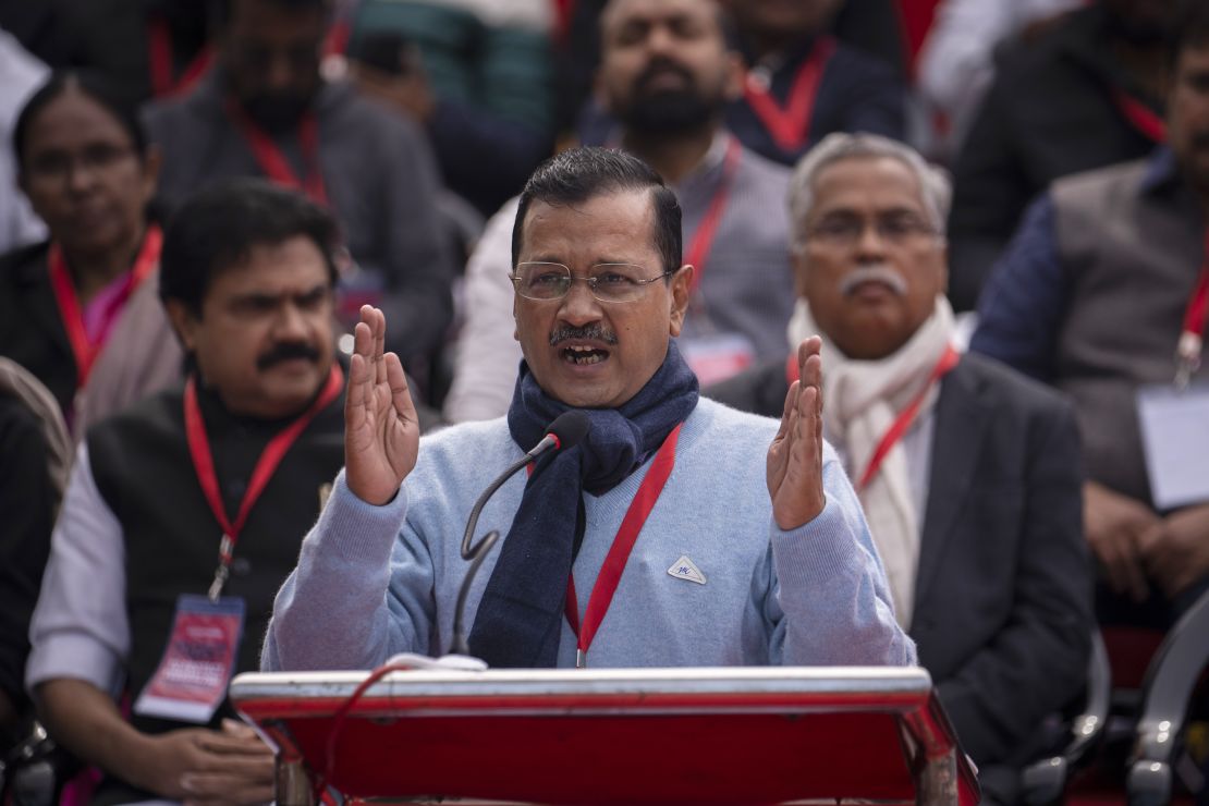 Delhi Chief Minister Arvind Kejriwal speaks during a protest against alleged attacks on federalism by the federal government, in New Delhi, India, on February 8, 2024.